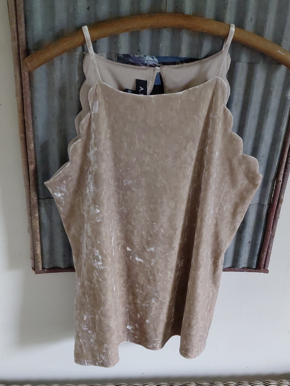 A. Byer Crushed Velvet Lined Scallop-Edge Taupe Tank